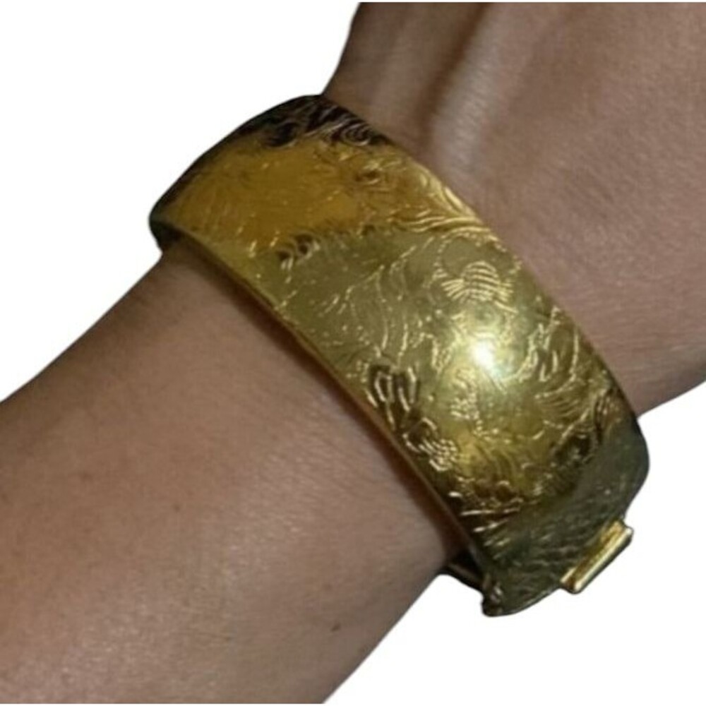 14k Gold Plated Embossed Hinged Bangle Bracelet Hallmarked 61g - Picture 6 of 10